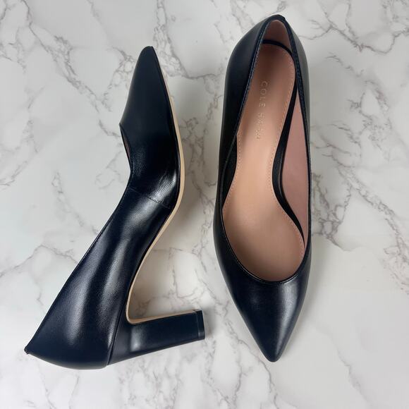 Cole Haan Mylah 75mm Black Leather Pointed Toe Block Heel Pumps 8B - Picture 1 of 4